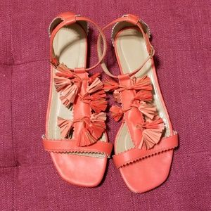 J Crew neon orange leather sandals w/ tassels 8.5